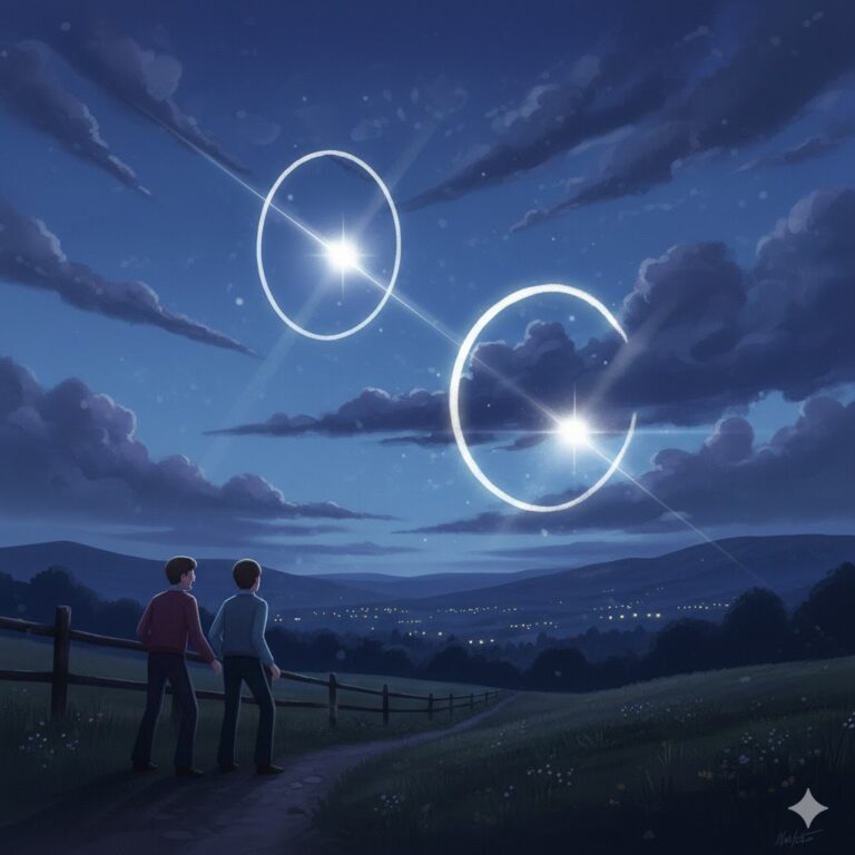 Illustration of the 1978 Malvern UK sighting showing two young witnesses standing by a garden gate at night, looking up as a single bright star overhead splits into two identical points of light moving in opposite directions.