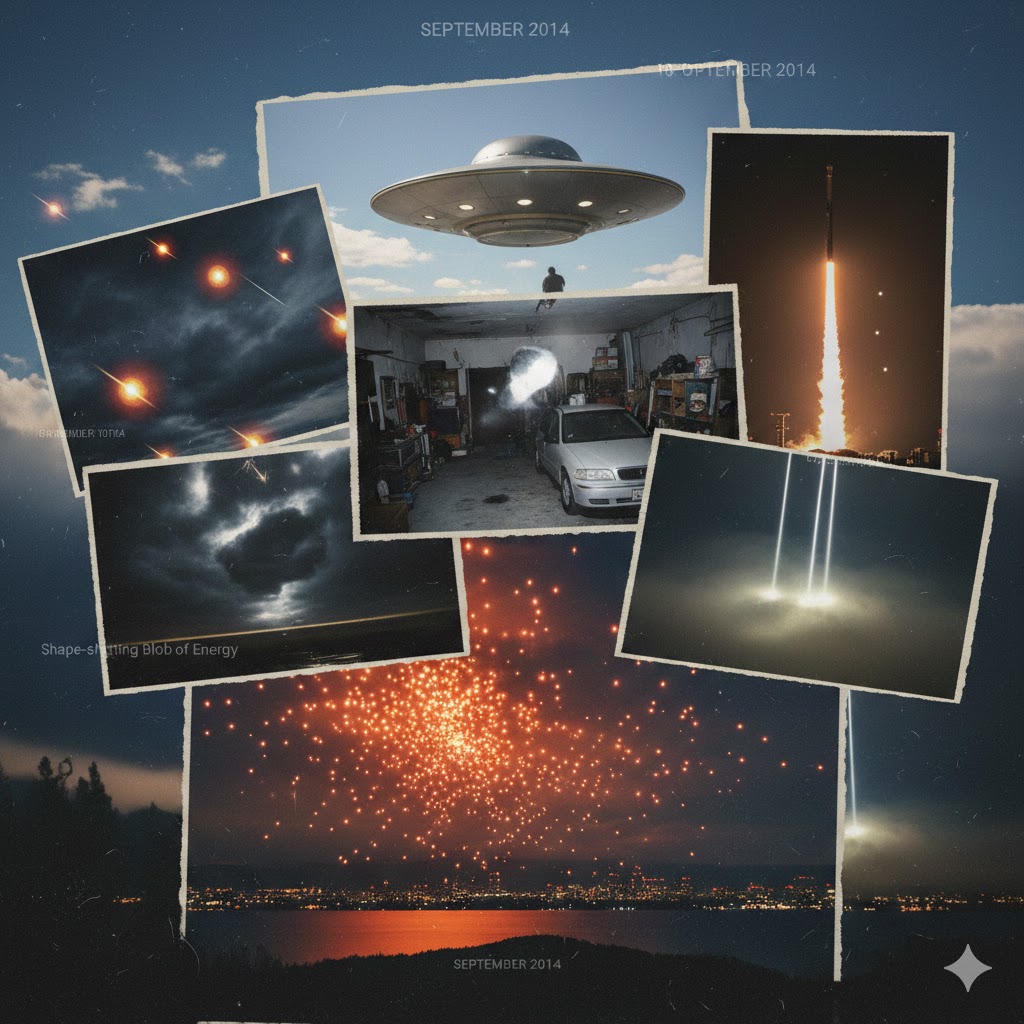 Collage of UFO sightings from September 2014 including Portsmouth disc and Ontario triangle lights.