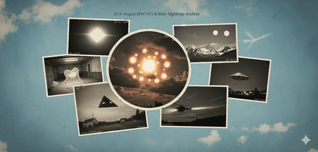 Collage of August 2014 UFO sightings including Houston lights and South African police chase.
