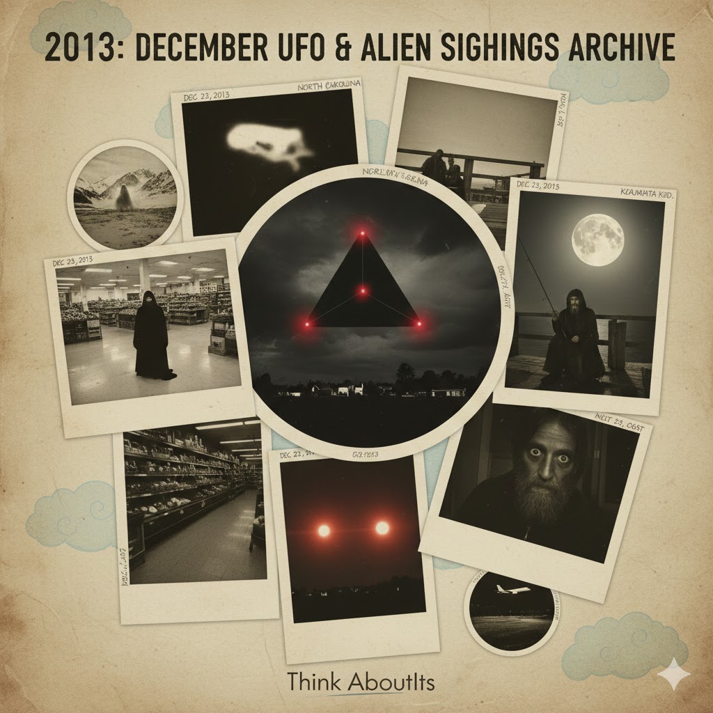 December 2013 UFO and Alien sightings collage featuring black triangles, entity encounters, and Kalamata fisherman.