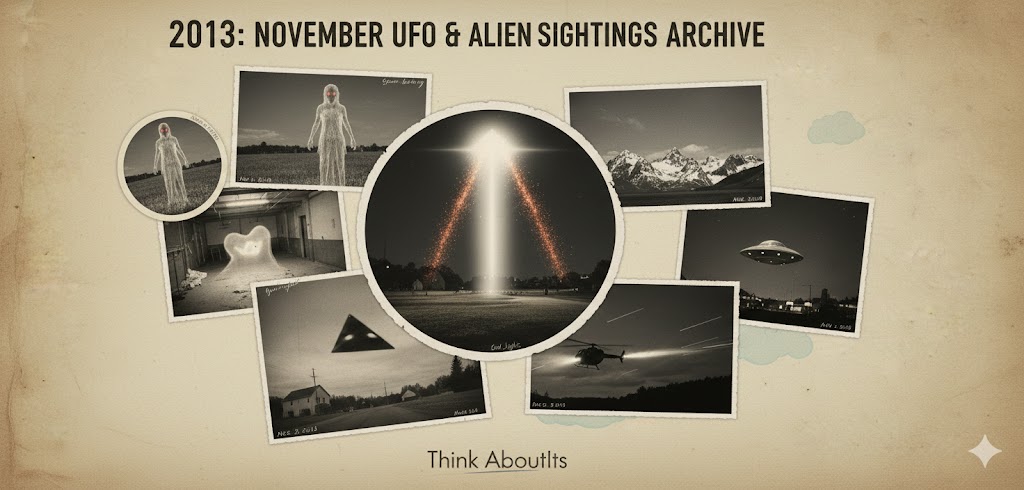 2013: November UFO & Alien Sightings Archive collage featuring Atlanta light beam and Chile transparent entity.