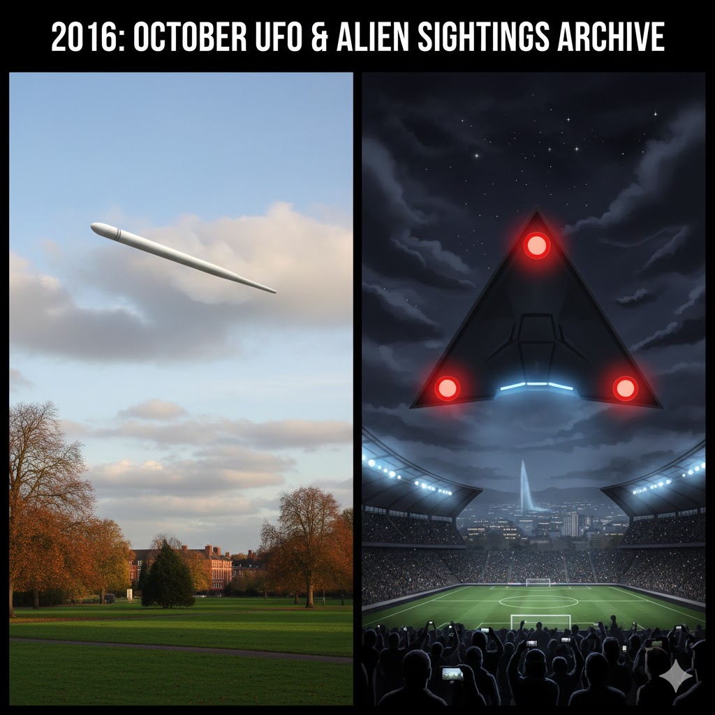 2016 October UFO and Alien Sightings Archive collage featuring Sheffield cigar craft and Geneva stadium triangle sighting