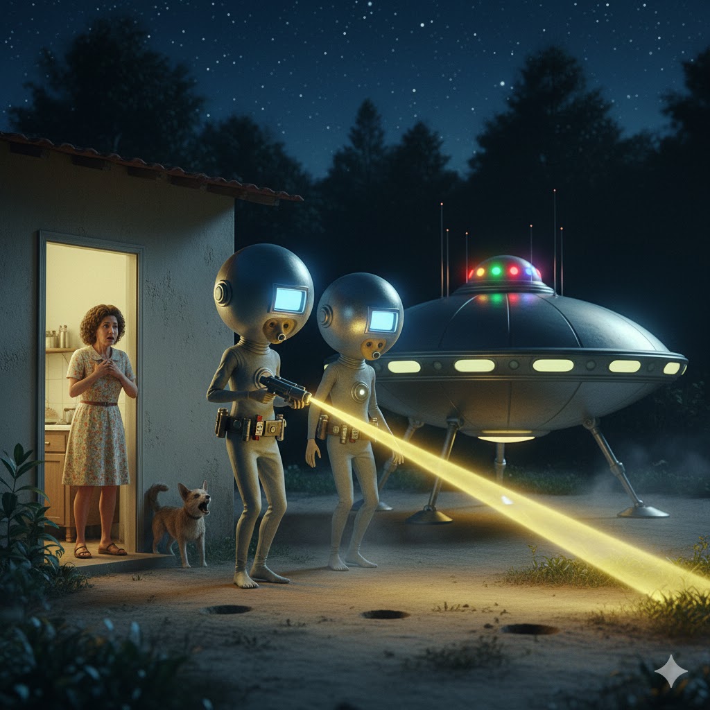 Illustration of the 1978 Alto Da Mooca encounter showing two short helmeted humanoids in a yard, with one entity emitting a solid, coherent yellow light beam from a handheld container toward the witness.