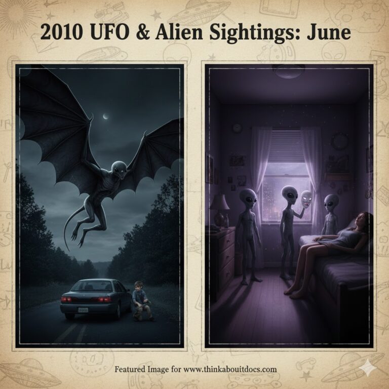 Collage of June 2010 UFO sightings: A massive winged monster with a 30ft wingspan in Mertztown, PA, and a Grey alien holding a mask during a New York City sleep paralysis encounter.