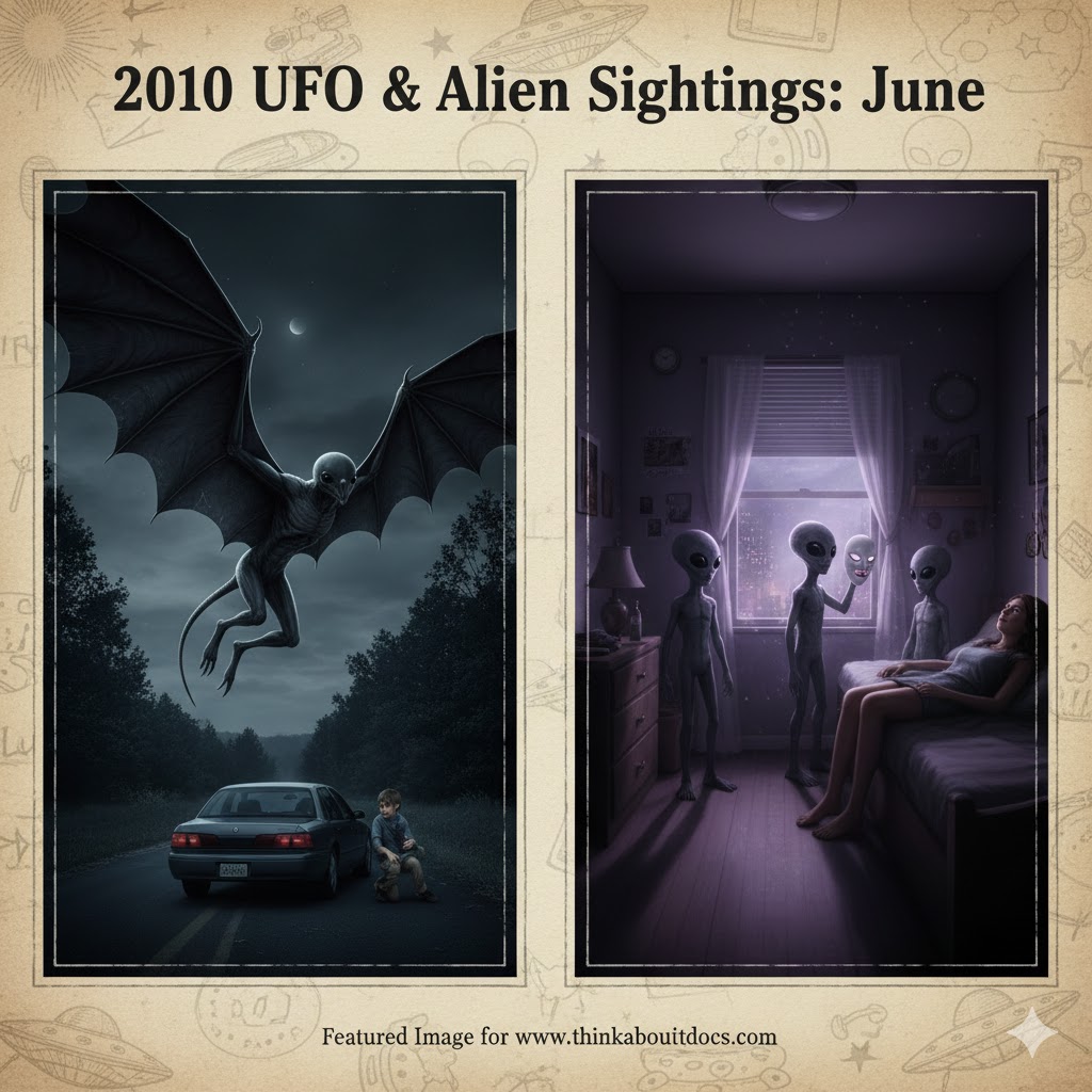 Collage of June 2010 UFO sightings: A massive winged monster with a 30ft wingspan in Mertztown, PA, and a Grey alien holding a mask during a New York City sleep paralysis encounter.