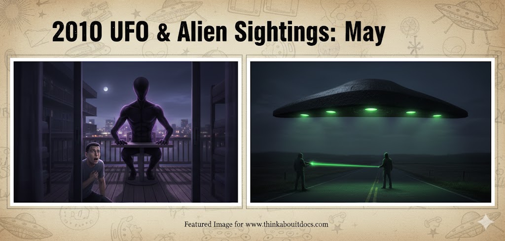 Collage of May 2010 UFO sightings: A muscular shadow figure with an elongated head on a deck in Ocean City, Maryland, and a 40-foot black boomerang craft with green lights in Bedlington, England.