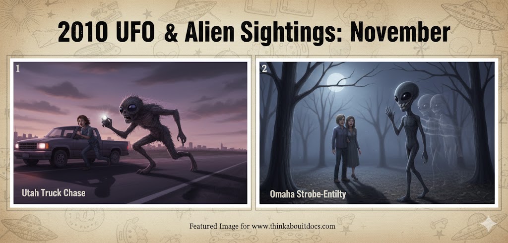 Collage of November 2010 UFO encounters: A mangy, Mantis-eyed entity chasing a truck in Moab, Utah, and a strobe-light Grey alien waving to a couple in Omaha, Nebraska.
