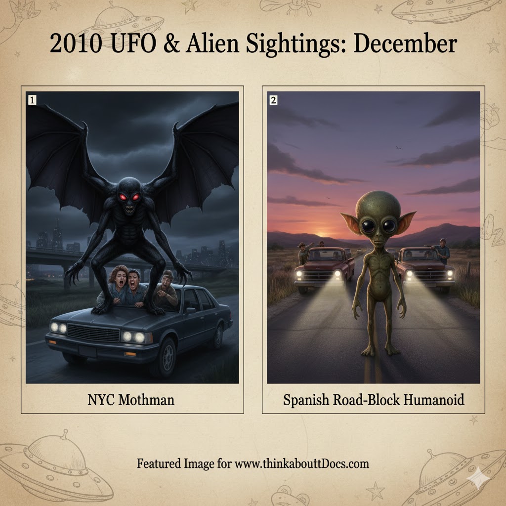 Collage of December 2010 UFO sightings: A large, winged Mothman with red eyes standing on a car hood near New York City, and a brownish-green humanoid with large ears blocking a road in Spain.