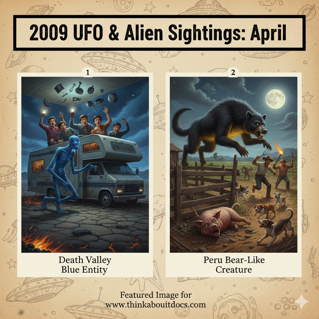 Collage of April 2009 UFO sightings: A 7-foot tall blue entity in Death Valley with a magnetic RV anomaly, and a large bear-like creature with fangs in Peru.
