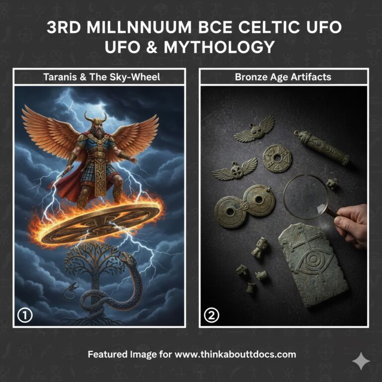 Bronze Age Taranis thunder-god and winged sun wheel UFO collage