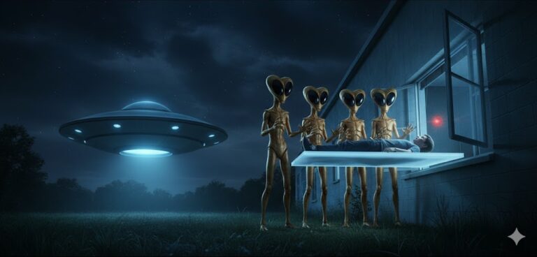 Illustration of Mantis entities and the abduction of Roger S. in Orlando, Florida, 1989.