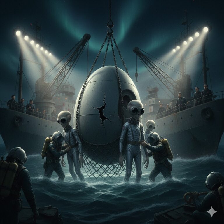 Illustration of Soviet Navy divers recovering an egg-shaped UFO and Grey alien entities from the seabed near Vladivostok, Russia, 1989.