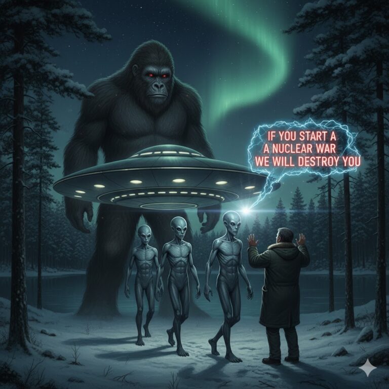 Illustration of the 1989 Kopansky Lake UFO encounter featuring humanoid entities and a giant Bigfoot figure