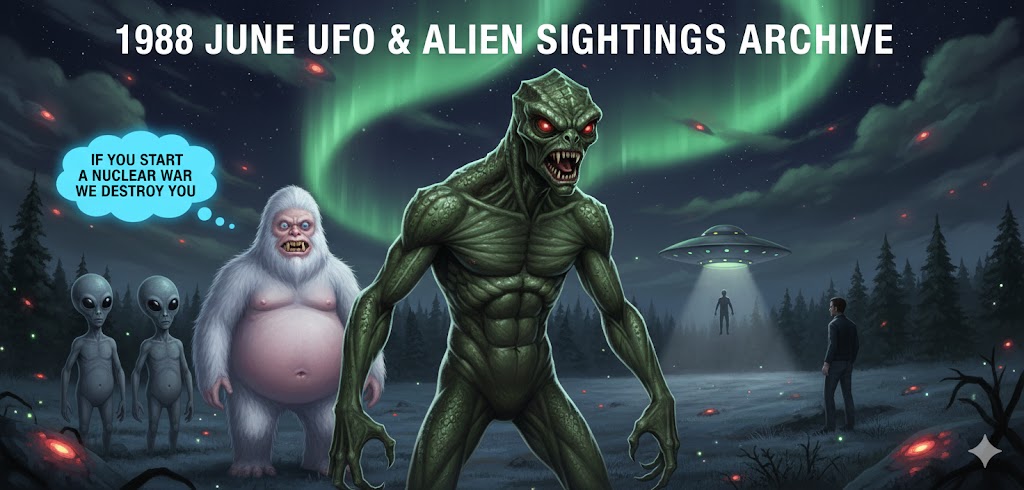 Collage of June 1988 UFO encounters featuring a white Sasquatch, the South Carolina Lizard-man, and Grey aliens.