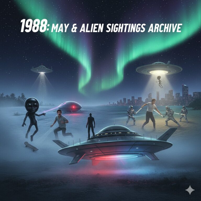 Collage of May 1988 UFO sightings featuring a skateboarding encounter in Russia and the Quantock Hills craft