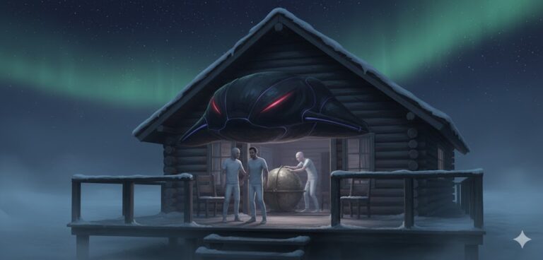 Illustration of the 1987 Whitley Strieber abduction featuring a car-sized living craft at a cabin in Middletown, NY.
