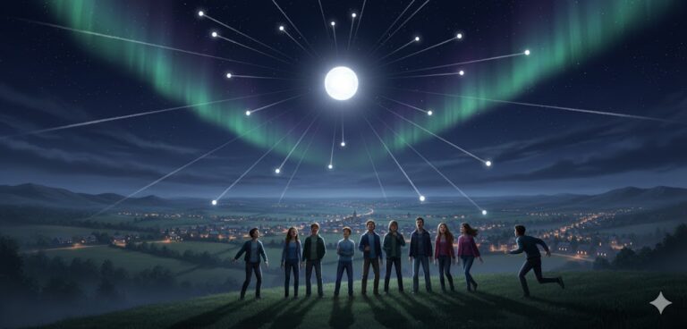 Illustration of the 1986 Chard Town UFO encounter showing a central bright light dispersing 50 smaller objects over the town).