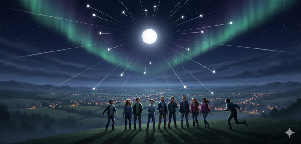 Illustration of the 1986 Chard Town UFO encounter showing a central bright light dispersing 50 smaller objects over the town).