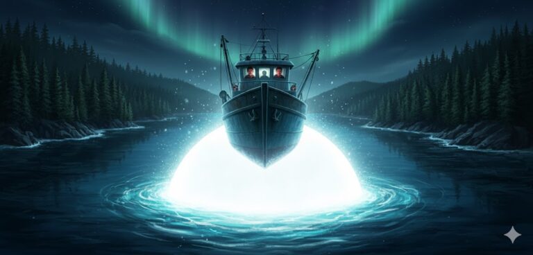 Illustration of the 1985 Juneau Alaska UFO encounter showing a 300-foot marine vessel illuminated by a massive glowing object submerged in the Wrangell Narrows.
