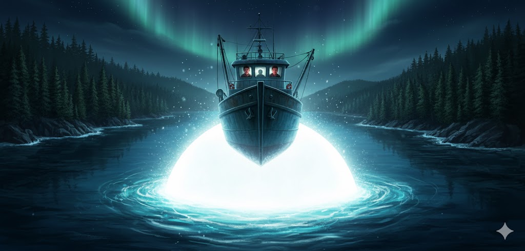 Illustration of the 1985 Juneau Alaska UFO encounter showing a 300-foot marine vessel illuminated by a massive glowing object submerged in the Wrangell Narrows.