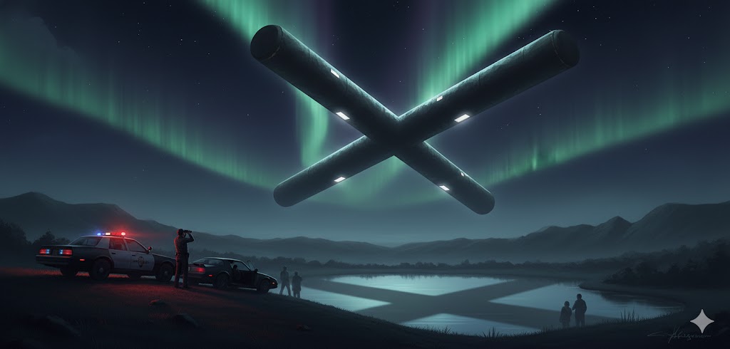 Illustration of the 1985 Eau Claire Wisconsin UFO encounter showing a massive 100-yard cylindrical "cigar-cross" craft hovering silently over a pond at dusk.