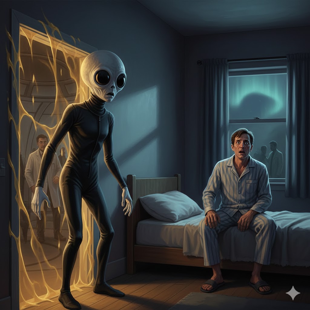 Illustration of the 1984 Bethel Connecticut UFO abduction showing a grey humanoid entity walking through a glowing yellow liquid-like wall into a bedroom.