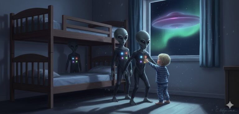 Illustration of the 1983 Glastonbury Connecticut CE-III encounter showing three "Gogos" entities in buttoned uniforms standing near a child's bunk bed as a disk-shaped craft hovers outside.