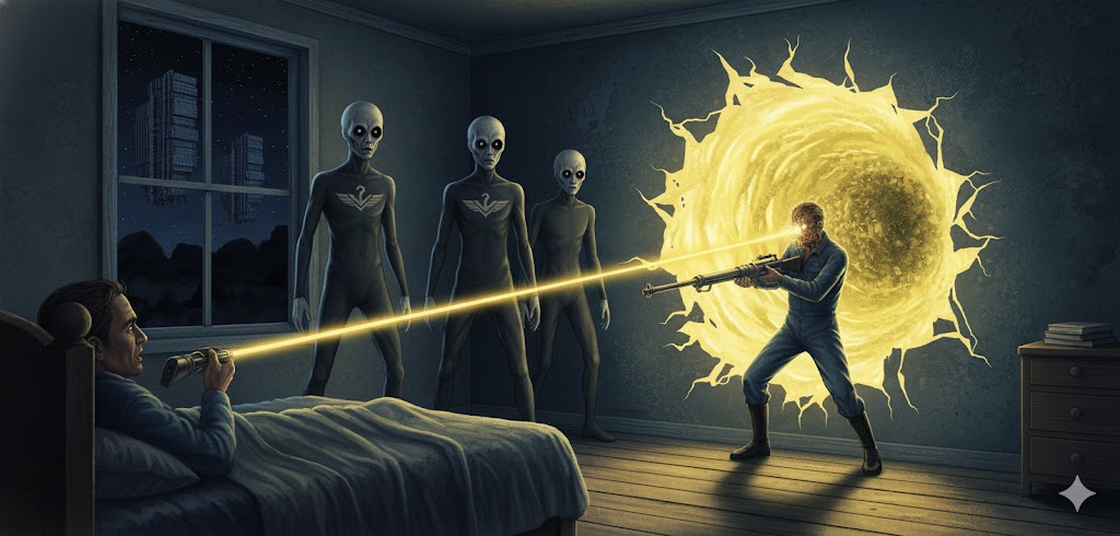Illustration of the 1982 Ulysses Kansas abduction showing hostile humanoid entities with cat-like eyes and a man in a blue jumpsuit in a bedroom setting..