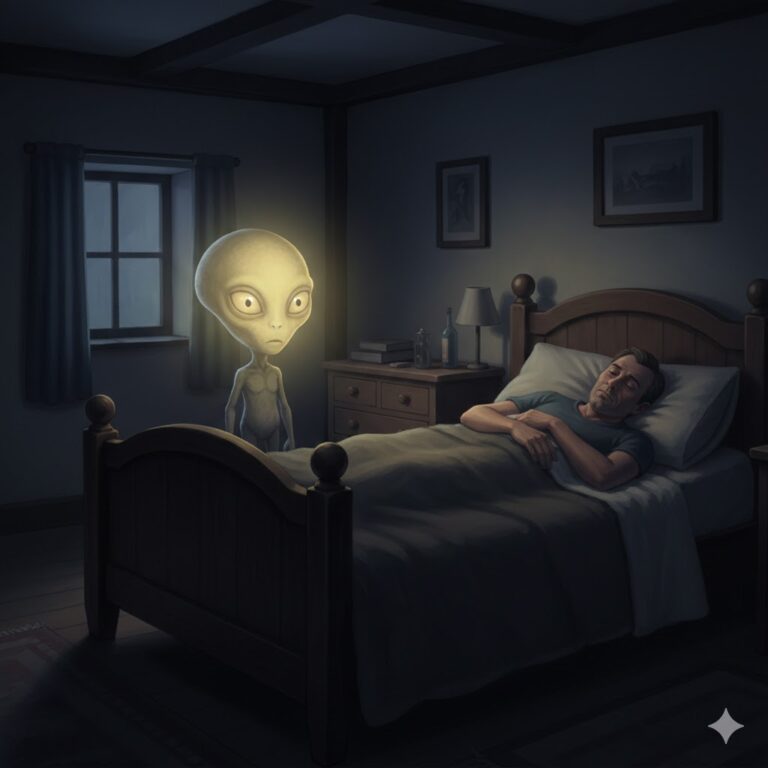 Illustration of the 1982 Leicester England CE-III encounter showing a rounded-head humanoid entity with pale yellow eyes standing at the foot of a bed in a soft, candle-like light.