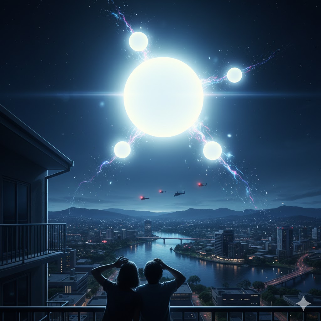 Illustration of the 1982 Brisbane Australia UFO sighting showing a brilliant pulsating light splitting into four parts over the city skyline at night with military helicopters approaching.