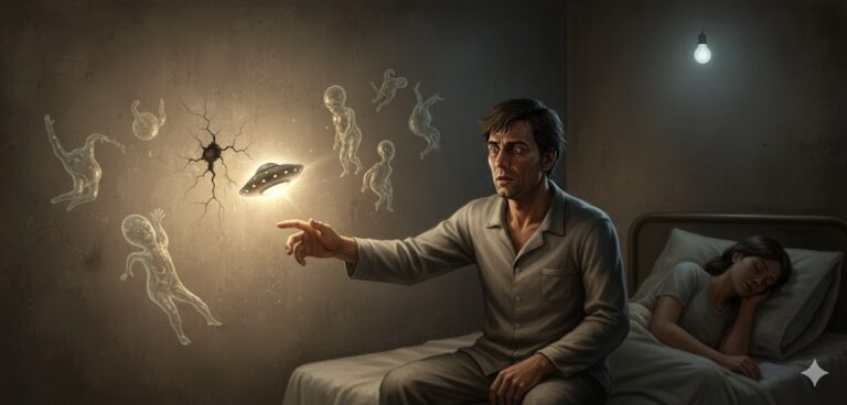 Illustration of the 1982 Simferopol abduction showing a walnut-sized UFO emerging from a cracked bedroom wall and amoeba-like entities