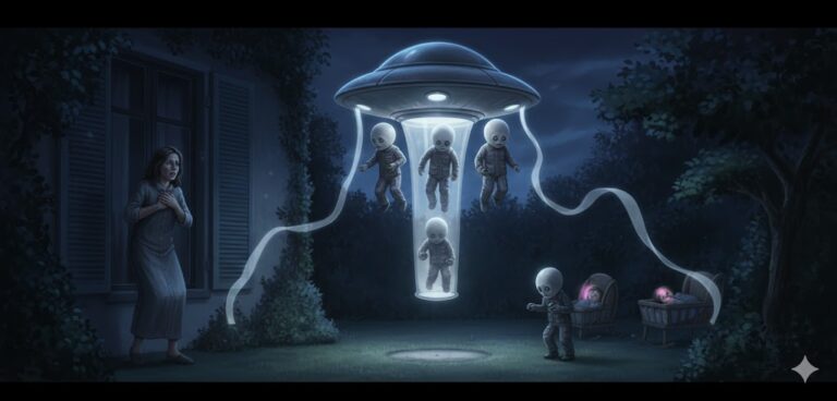 Illustration of the 1982 Palettes Geneva Close Encounter showing a small domed craft with a telescopic foot and several humanoids in a garden at night.