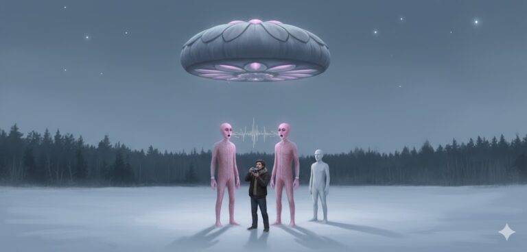 Illustration of the 1982 Borok Russia Close Encounter showing tall, glowing pink-violet humanoids standing near a loaf-shaped UFO in a snowy landscape.