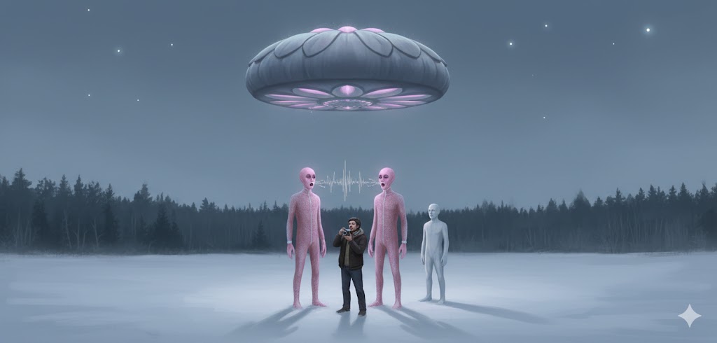 Illustration of the 1982 Borok Russia Close Encounter showing tall, glowing pink-violet humanoids standing near a loaf-shaped UFO in a snowy landscape.