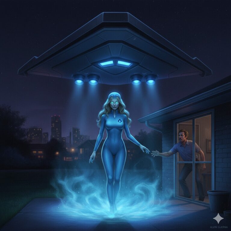 Illustration of the 1982 Fort Worth CE-V showing a tall Nordic female in blue mist beneath a large triangular stealth craft