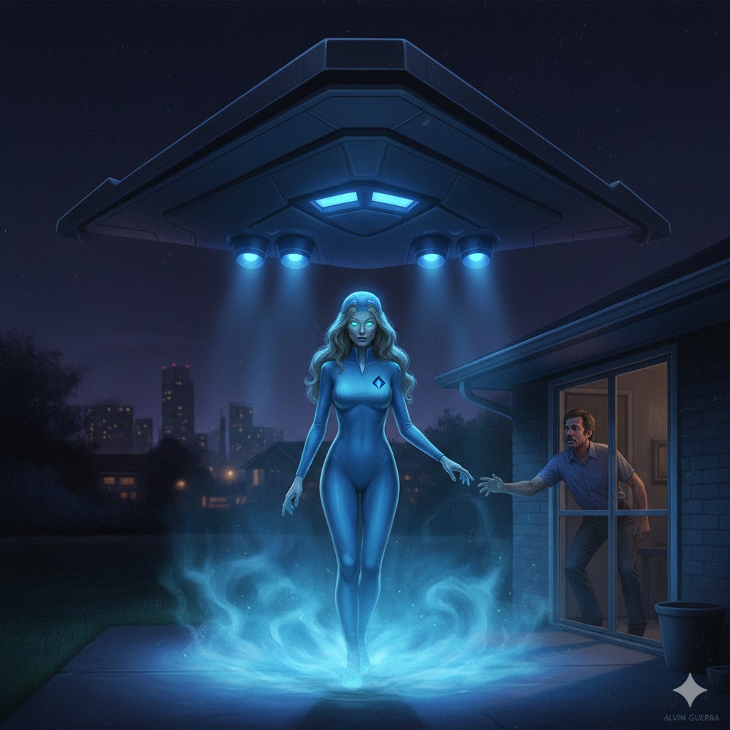 Illustration of the 1982 Fort Worth CE-V showing a tall Nordic female in blue mist beneath a large triangular stealth craft