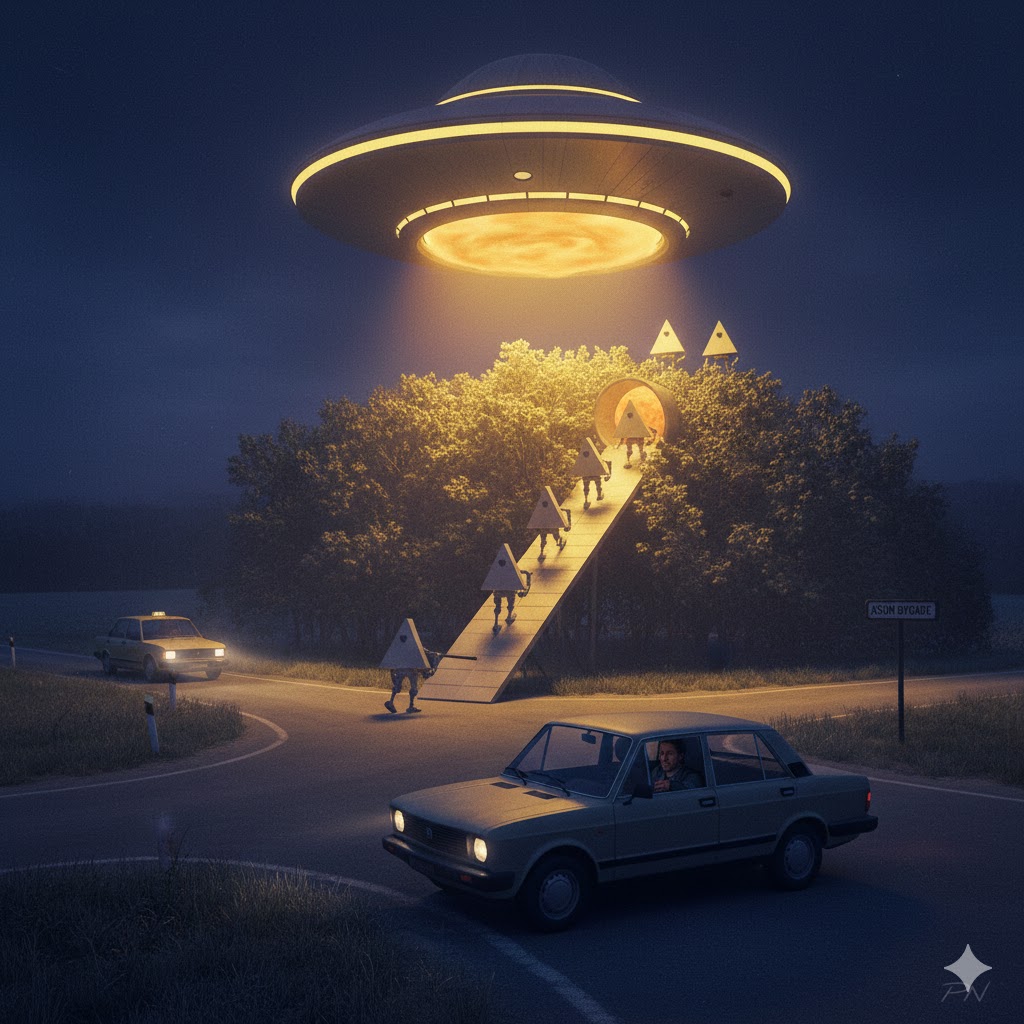 Illustration of the 1981 Asum Denmark Close Encounter showing a yellow glowing craft with a ramp and mechanical double-triangle entities