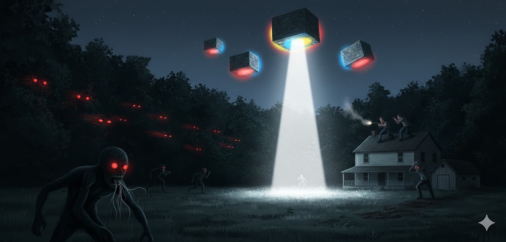 Illustration of the 1981 Rome Ohio Encounter showing glowing red eyes in a wood line and color-changing objects hovering over a farmhouse.