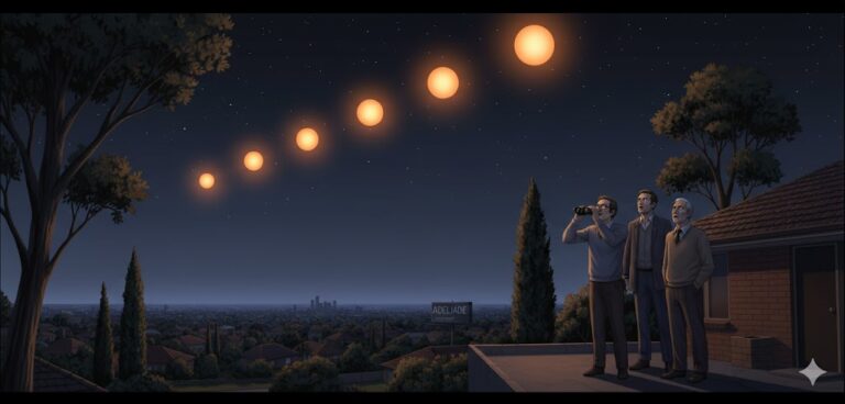 Illustration of the 1981 Adelaide UFO sighting showing six pulsing orange orbs in a zig-zag formation over the city at night with witnesses watching from a balcony.