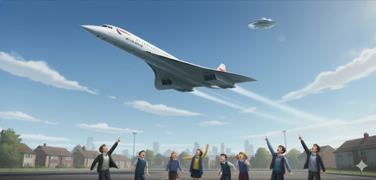 Illustration of the 1981 Reading UFO sighting showing a silver disc flying in formation with a British Airways Concorde over a school playground