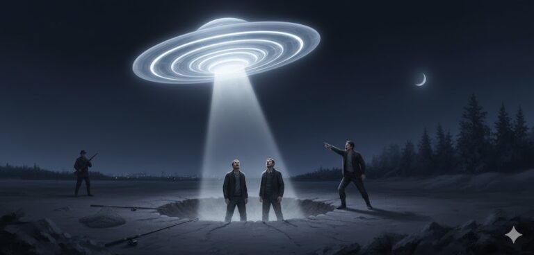 Illustration of the 1980 Orsk Russia abduction showing two witnesses standing in a 1.5m crater under a bright star-like UFO emitting a cone of light