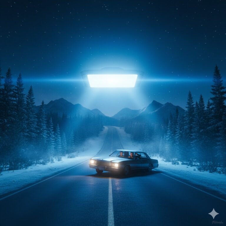 Illustration of the 1980 Glennallen Alaska UFO sighting showing a brilliant rectangular light source hovering over a remote road near a car.