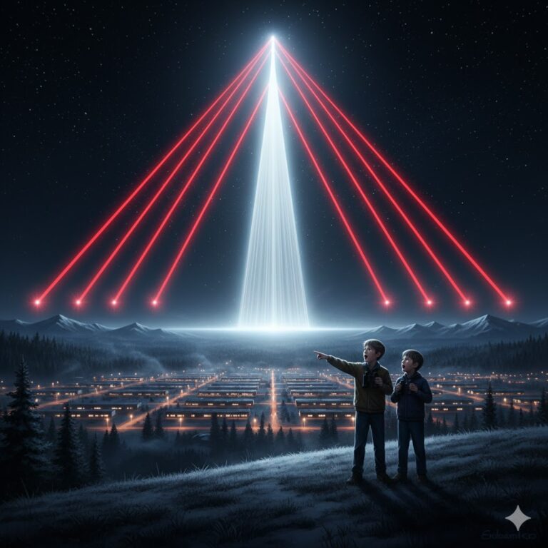 Illustration of the 1980 Edmonton UFO sighting showing symmetrical red and white light beams stretching across the night sky above a military base.