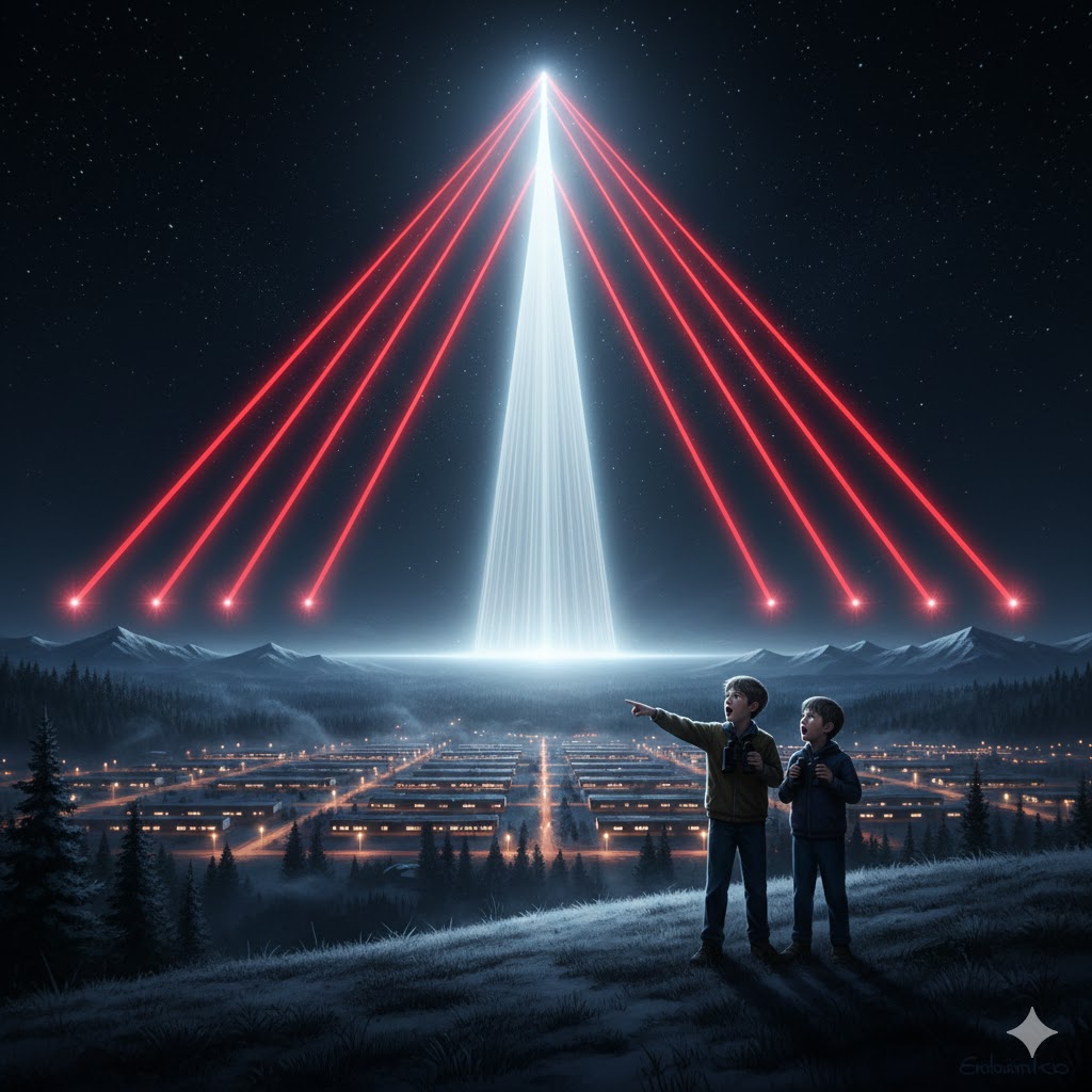 Illustration of the 1980 Edmonton UFO sighting showing symmetrical red and white light beams stretching across the night sky above a military base.