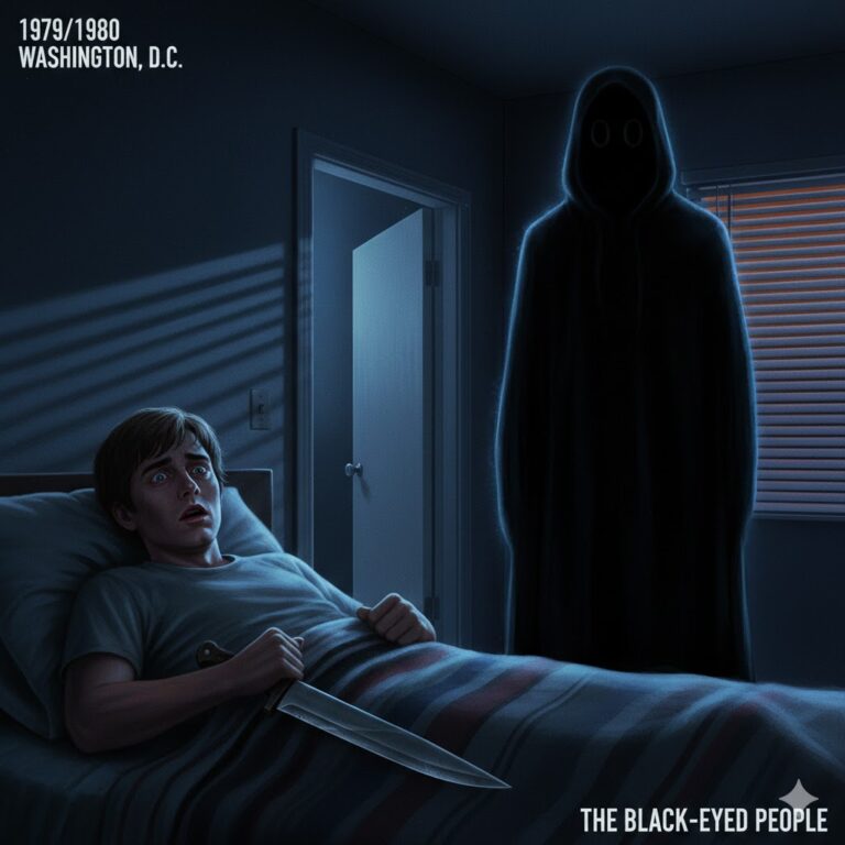 Illustration of the 1979/1980 Washington D.C. black-eyed person encounter showing a shadowy human-shaped figure standing by a bed.