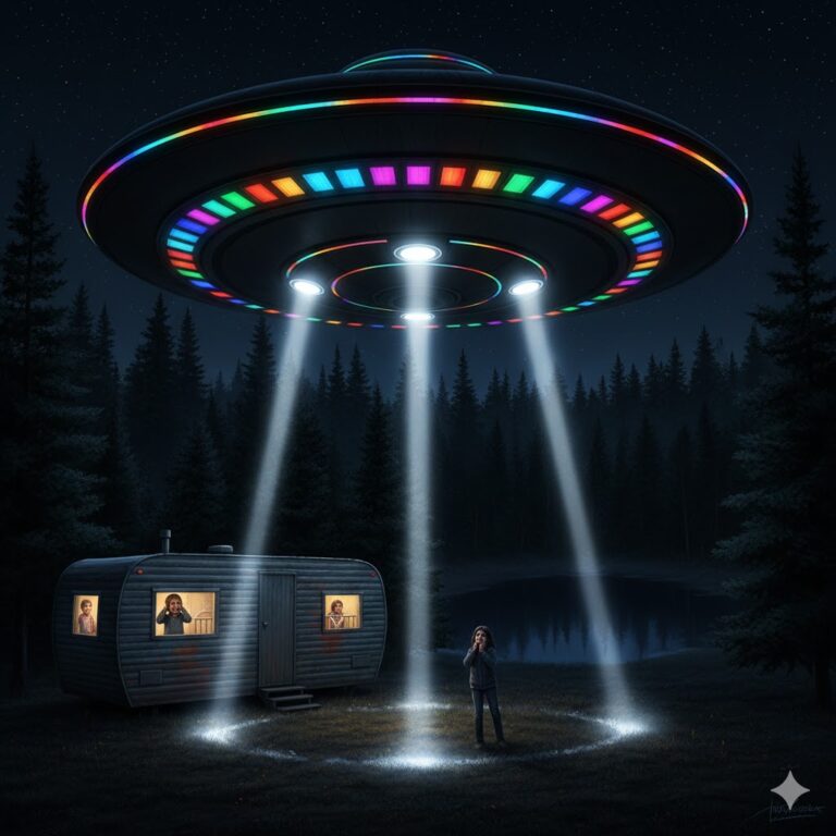 Illustration of the 1979 Wabasca Canada abduction showing a massive circular UFO with colored lights hovering over a trailer in the forest