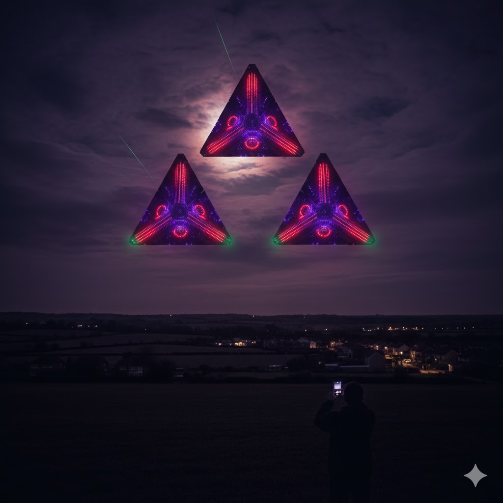 January 2017 Hampshire UFO sighting triangle craft incandescent purple and red lights
