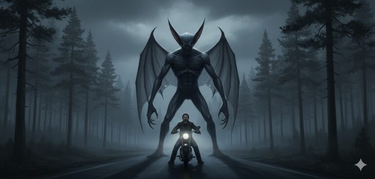 Artist's recreation of the March 2011 Pennsylvania winged humanoid sightings, showing a 9-foot-tall muscular entity with large bat-like wings standing in a dark forest behind a terrified witness on a motorcycle.
