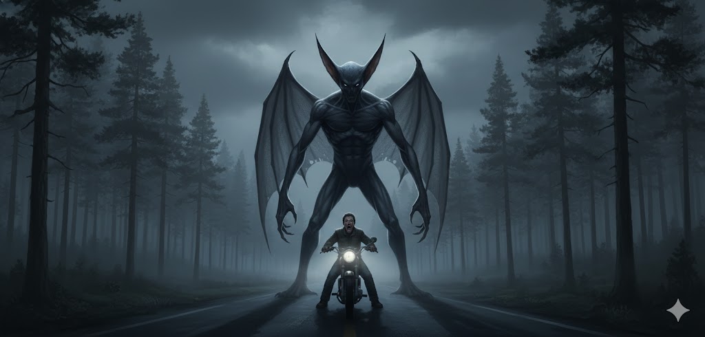 Artist's recreation of the March 2011 Pennsylvania winged humanoid sightings, showing a 9-foot-tall muscular entity with large bat-like wings standing in a dark forest behind a terrified witness on a motorcycle.