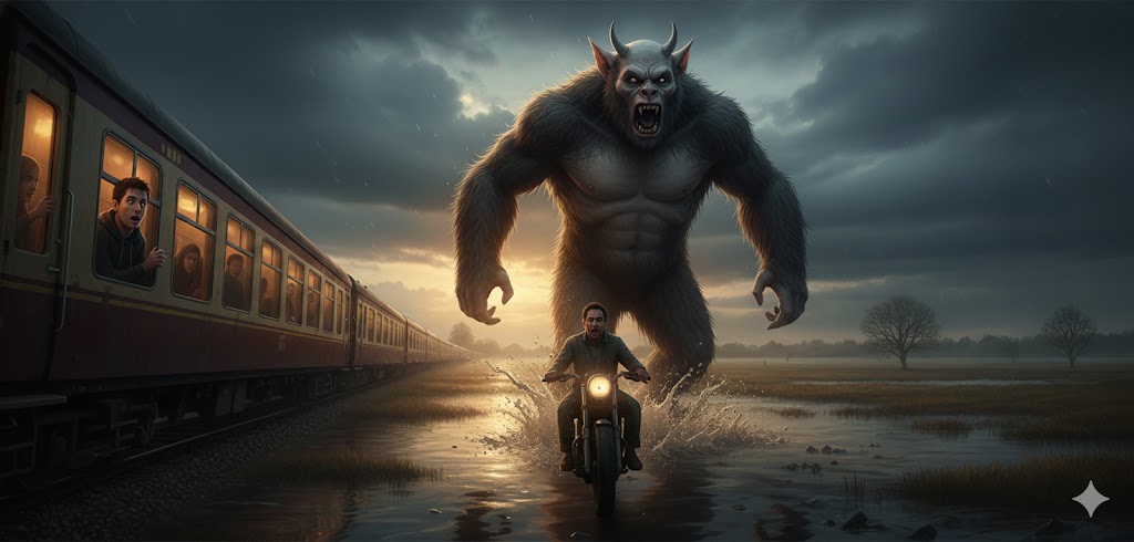 Artist's recreation of the February 2014 London troll sighting, showing a massive three-meter tall hairy creature with short white horns running through flooded fields next to a passenger train.
